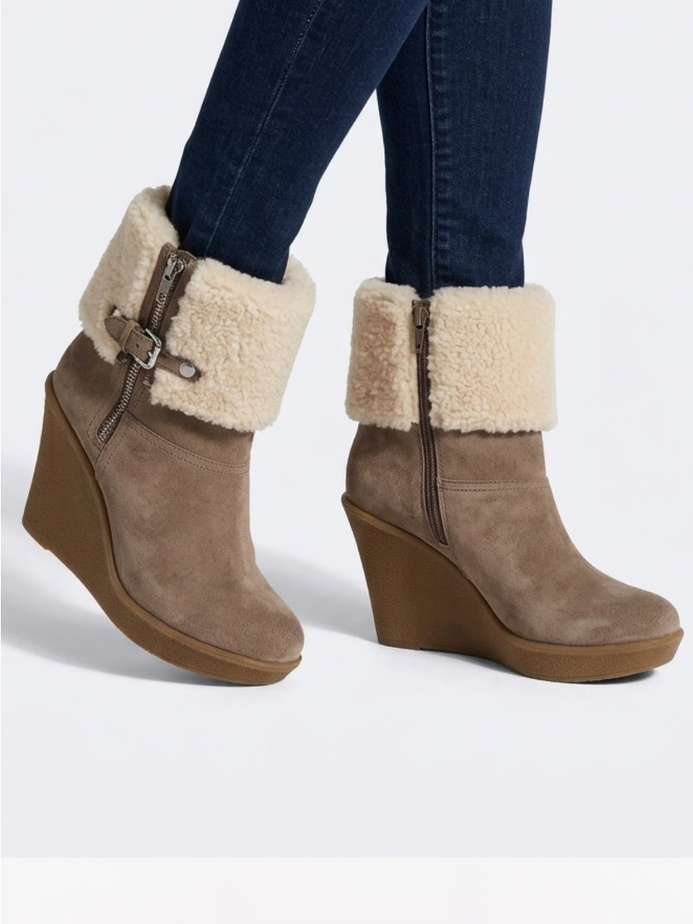 Coach Taupe Suede Wedge Ankle Boots with Cream Shearling Cuff